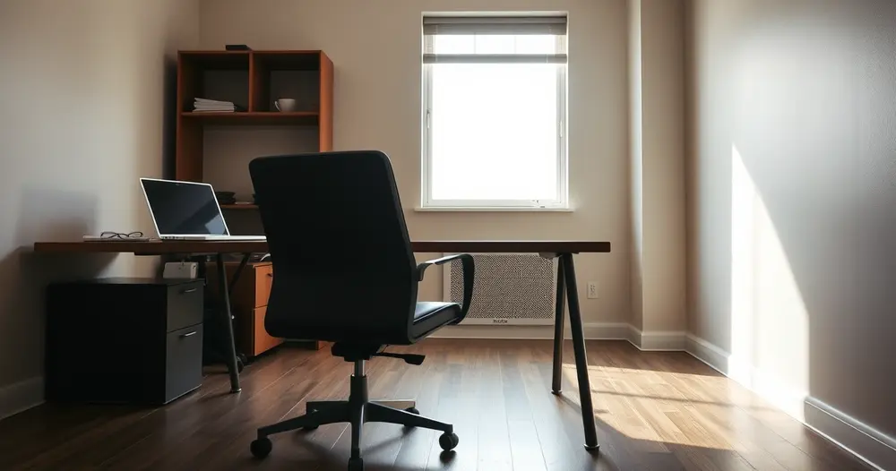 Cadeira de escritório vazia diante de uma mesa com notebook fechado, sala iluminada pela janela