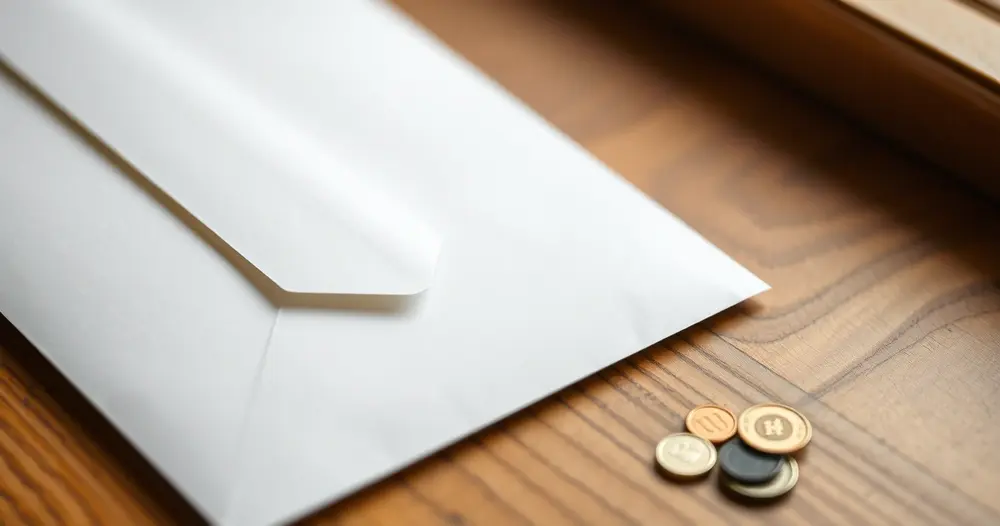 Envelope branco fechado sobre mesa de madeira ao lado de algumas moedas