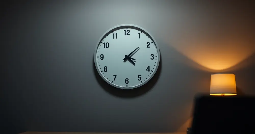 Relógio de parede sem números legíveis em ambiente de trabalho com iluminação noturna