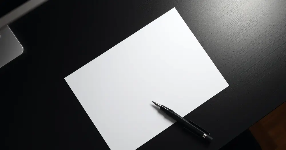Folha em branco e caneta sobre mesa de escritório com luz lateral
