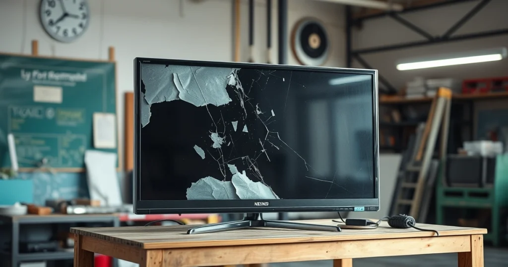 televisão com tela danificada apoiada em oficina de assistência