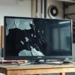 televisão com tela danificada apoiada em oficina de assistência